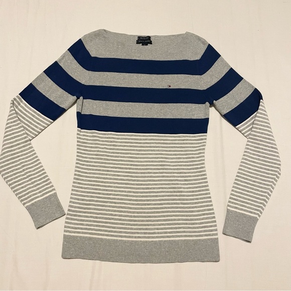 Tommy Hilfiger Womens Grey Striped Cotton Jumper Size Medium - Picture 1 of 16